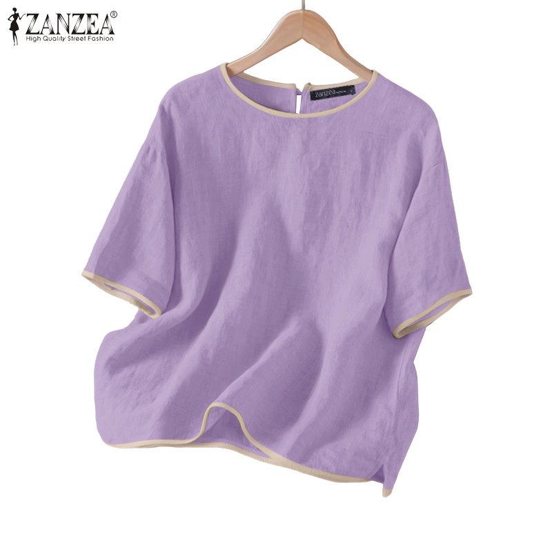 ZANZEA ใส่ ซานเซีย ผู้หญิงเกาหลีวินเทจลําลองแขนสั้นคอกลมเสื้อหลวม — صورة 4