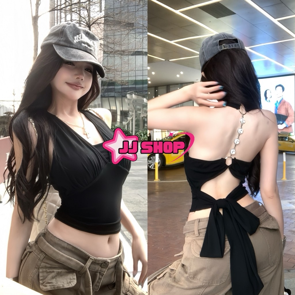 JJ Shop​💜​พร้อมส่ง เสื้อยืดคล้องคอ  ผูกโบว์ข้างหลัง แถมสายเพชรหล้องหลัง รัดหุ่น เซ็กซี่ เท่ๆ ได้หลายลุค "FY2636#1"