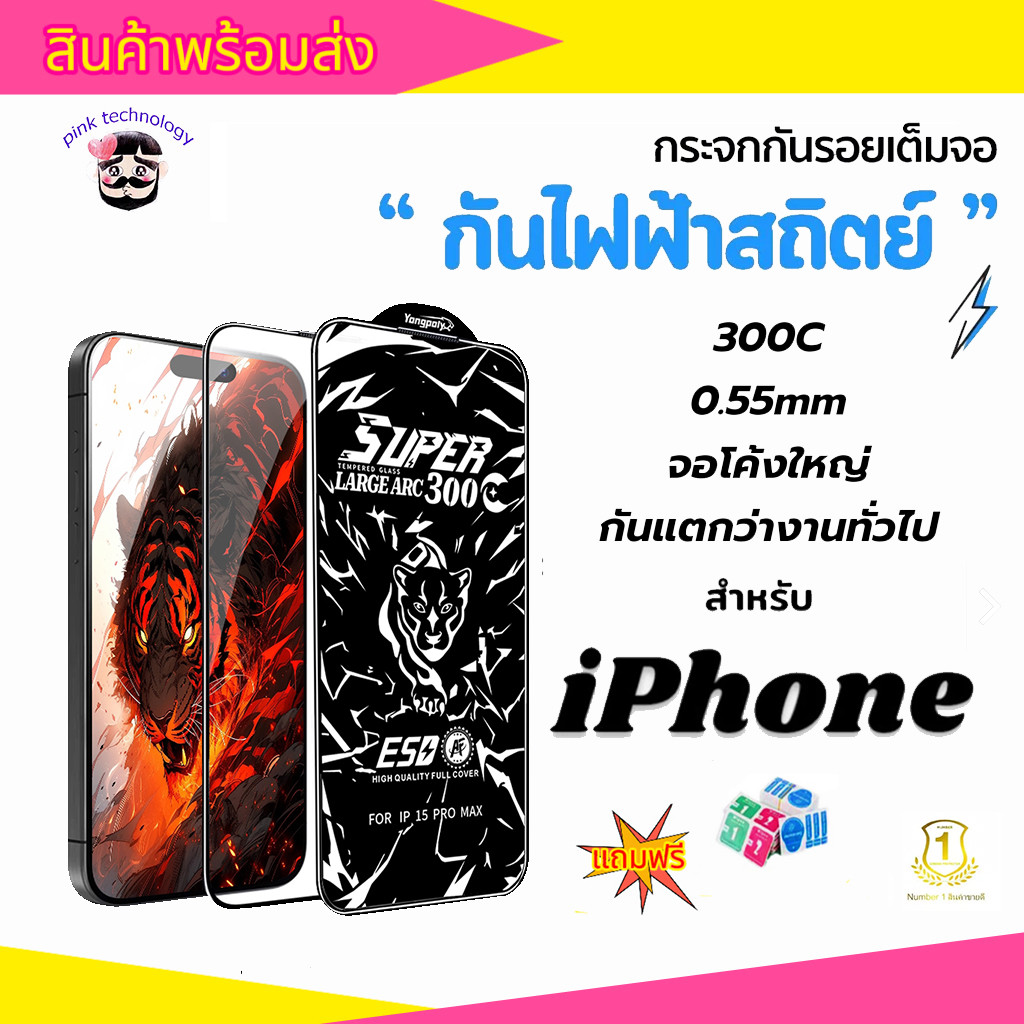 ฟิล์มกระจกใสเต็มจอขอบโค้งกันแตกกันรอย 0.5mm 300C สำหรับ iphone 16promax 15pro 14promax 13pro 12pro x