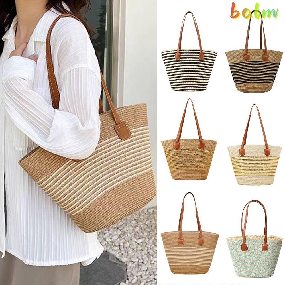 BALM Tote Bag, กระเป๋าสะพายทอฟางลายทาง, กระเป๋าทรงถังความจุขนาดใหญ่ทรงสี่เหลี่ยมแฟชั่นสําหรับผู้หญิง