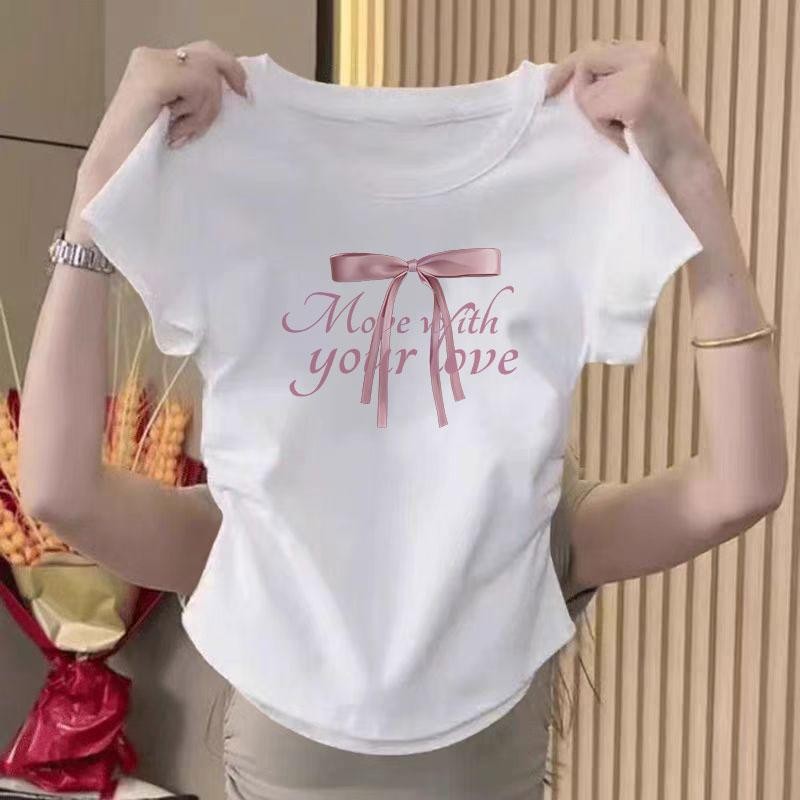 เสื้อยืดผู้หญิงเสื้อรัดรูปเสื้อครอปฤดูร้อนอเนกประสงค์บางบางเสื้อยืดครอป แขนสั้น เวอร์ชั่นเกาหลีของกระแสน้ำแน่นเข้ารูปพอด