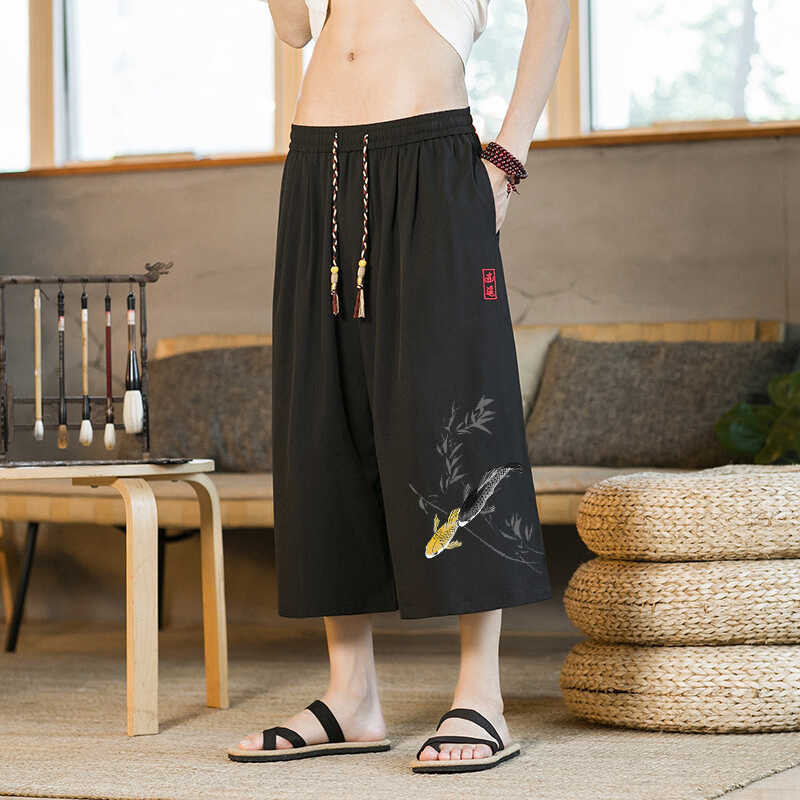 EERSHENSHI กางเกงครอปสไตล์จีนใหม่ผู้ชายฤดูร้อนบางหลวมกีฬาสันทนาการอินเทรนด์กางเกงขาสั้นเหนือเข่าขนาดบวก