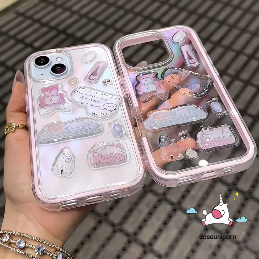หรูหรา Macaron 2 in1 กันชน Transparen นุ่มสําหรับ IPhone 17 13 16 14 11 15 12 Pro Max 17air 17 15 14 16 Plus การ์ตูน DIY สติกเกอร์เยลลี่กันน้ําน่ารักหมี Kitty กรณี