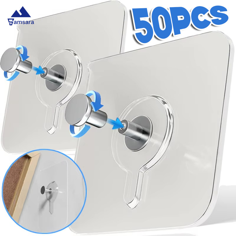 10/20/30/50 ชิ้น ตะขอกาวที่มองไม่เห็นสําหรับผนัง | แผ่นยึด 6x6 ซม. โปร่งใส ไม่ต้องใช้เล็บสําหรับวาดภาพ/กรอบรูป