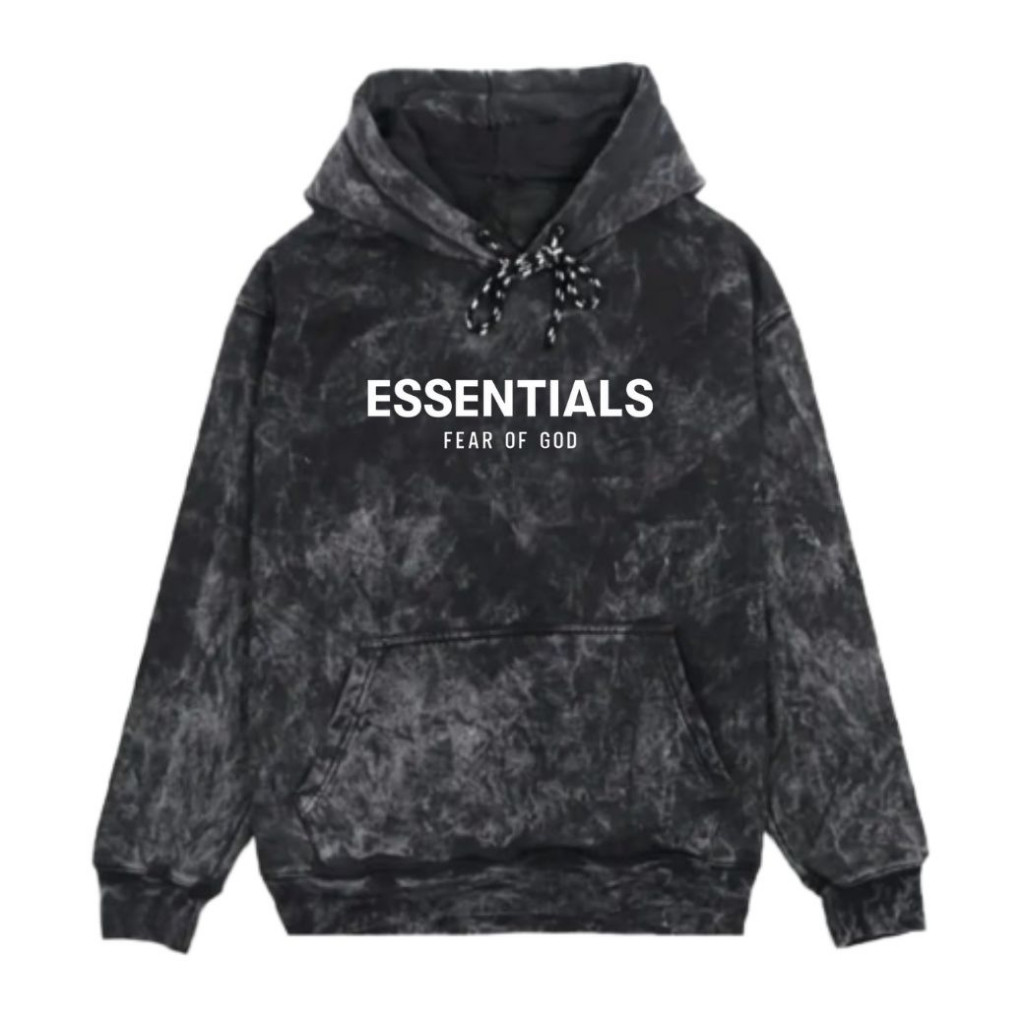 Essentials เสื้อกันหนาวมีฮู้ด Black Sandwash เสื้อสวมหัว Unisex | Essentials FOG เสื้อฮู้ด Backprin 