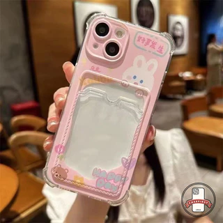 ความหรูหรากระเป๋าสตางค์ช่องใส่บัตรสีชมพูกระต่ายน่ารักหมี เคส IPhone 11 12 14 16 13 15 Pro Max XS Max 7 8 15 16 Plus X XR