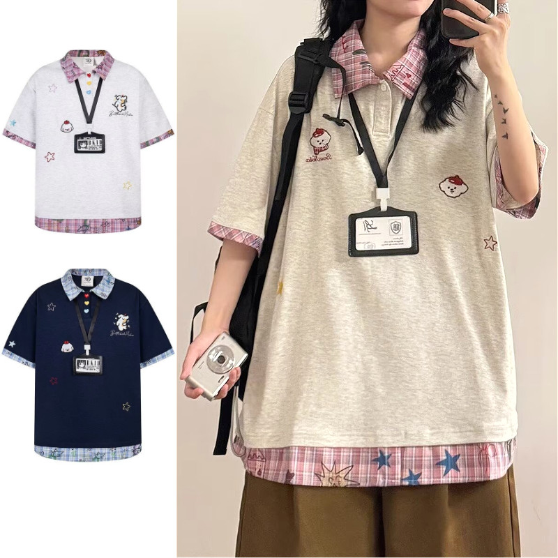 PannoFluxus เสื้อโปโลใหม่แขนสั้นลายลูกสุนัขแฟชั่นประกบปลอมสองชิ้นสไตล์แฟชั่นเป็นกลาง