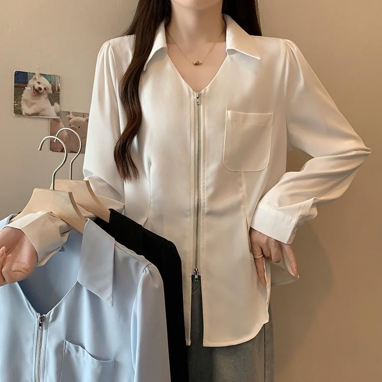 Mimi&Didi#เสื้อทรงผิดปกติซิปคู่สีขาวลดเอว สีทึบ เสื้อเชิ้ตแฟชั่นสไตล์เกาหลี เรียบหรู ดูดี สำหรับผู้หญิง#W606