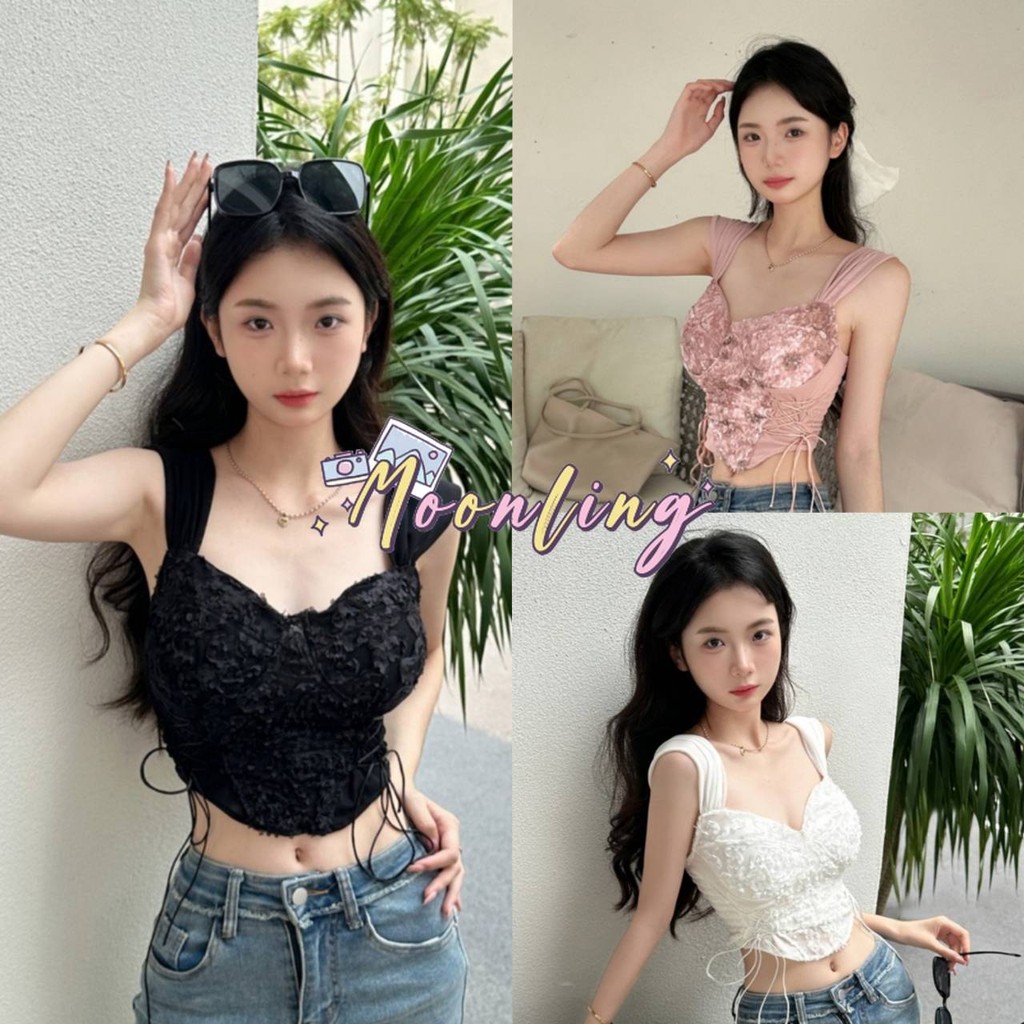 Moonling พร้อมส่งจากไทย เสื้อสายเดี่ยว มีฟองน้ำนุ่มนิ่ม ชายเสื้อทรงสามเหลี่ยม *FY1880*