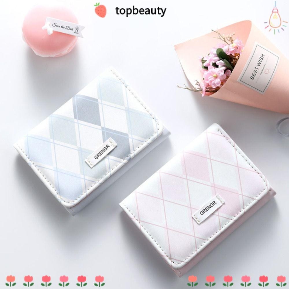 Topbeauty กระเป๋าบัตร,กระเป๋าสตางค์ใส่บัตรมัลติฟังก์ชั่นสีน้ําเงิน,แฟชั่นลายตารางหมากรุกเรียบง่ายPUกระเป๋าใบเล็กผู้หญิง