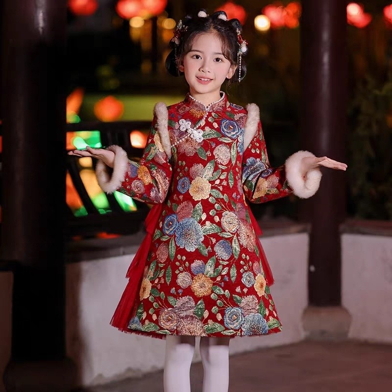 Hanfu สาวฤดูหนาวเสื้อผ้าสไตล์จีนขนแกะ-ขนแกะวันปีใหม่ชุด Tang เด็กทารกหนา Cheongsam เสื้อผ้าตรุษจีนปีใหม่