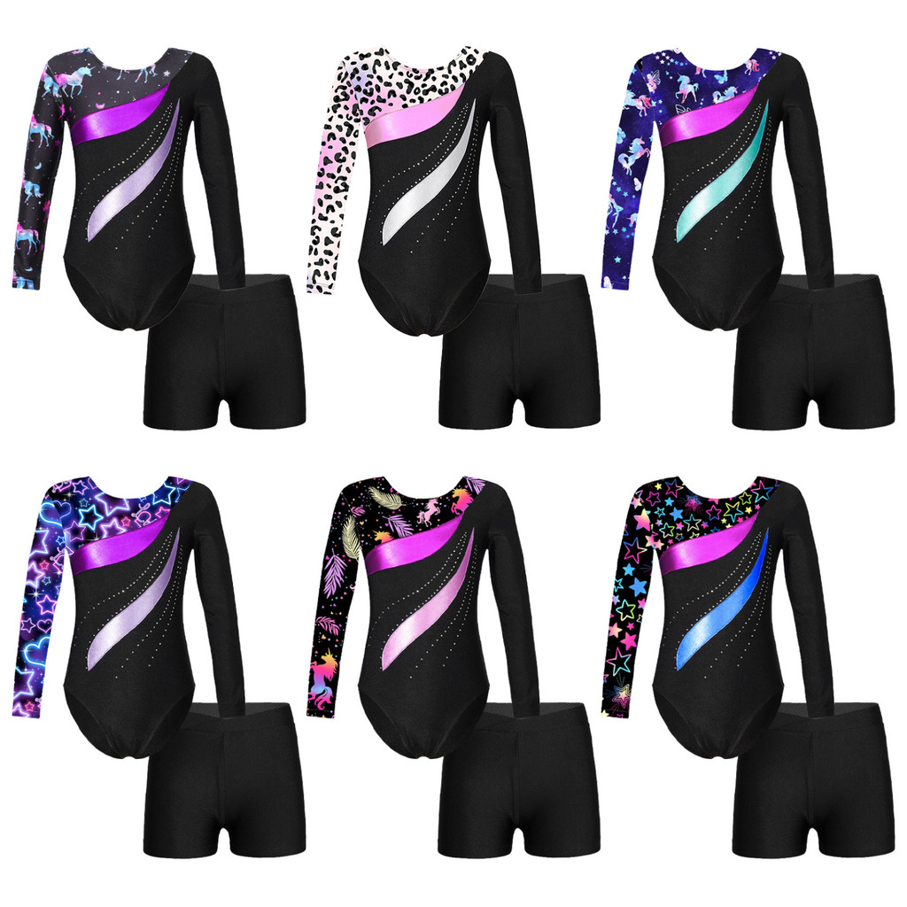 เด็กสาวยิมนาสติกบัลเล่ต์เต้นรําชุดแขนยาว Rhinestones Leotard กางเกงขาสั้นสําหรับประสิทธิภาพการแข่งขัน