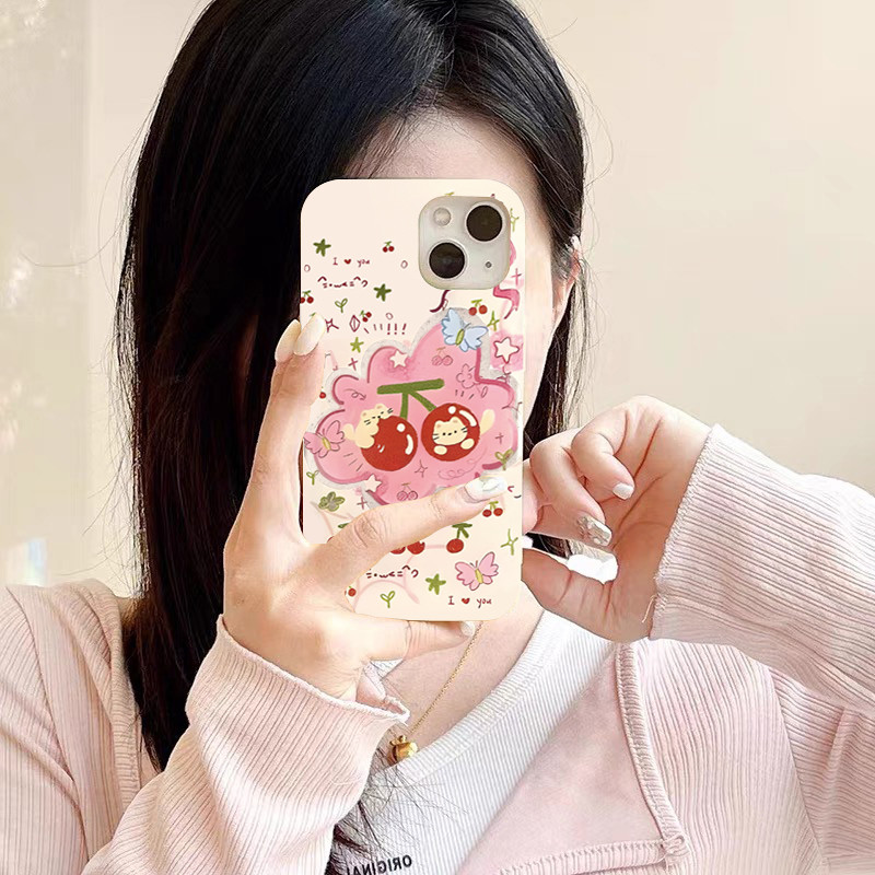 กรอบสีชมพูคิตตี้เชอร์รี่กรณีโทรศัพท์มือถือกันฝุ่น for iPhone 8 plus XS 7 XR 13 Pro 12 14 PLUS 16 15 PRO MAX