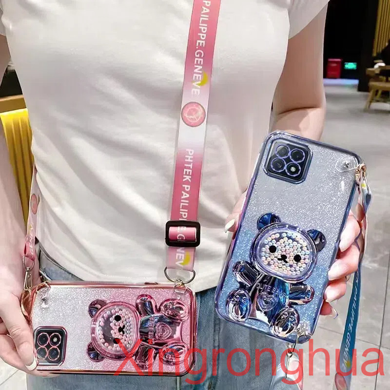 เคสโทรศัพท์สําหรับoppo A3 Pro 5G A3X 5G/ A3 A38 A18 A58 A60 A79 5Gสายรัดข้อมือยาวสไตล์ที่มีสีสันลูกปัดหมีผู้ถือหรูหรานุ่มTpuเคสโทรศัพท์