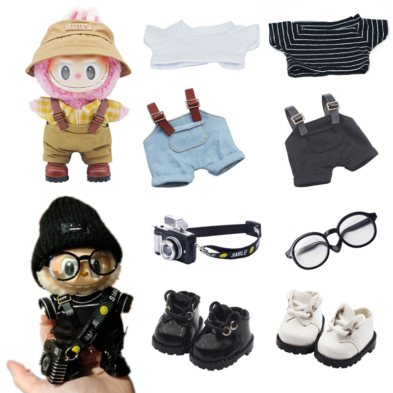 FYG 17 ซม.Mini DollS เสื้อผ้าชุดอุปกรณ์เสริมสําหรับ Labubu V1 V2 ลายหลวมหมวกแว่นตารองเท้า Cool หล่อเสื้อผ้าของขวัญ