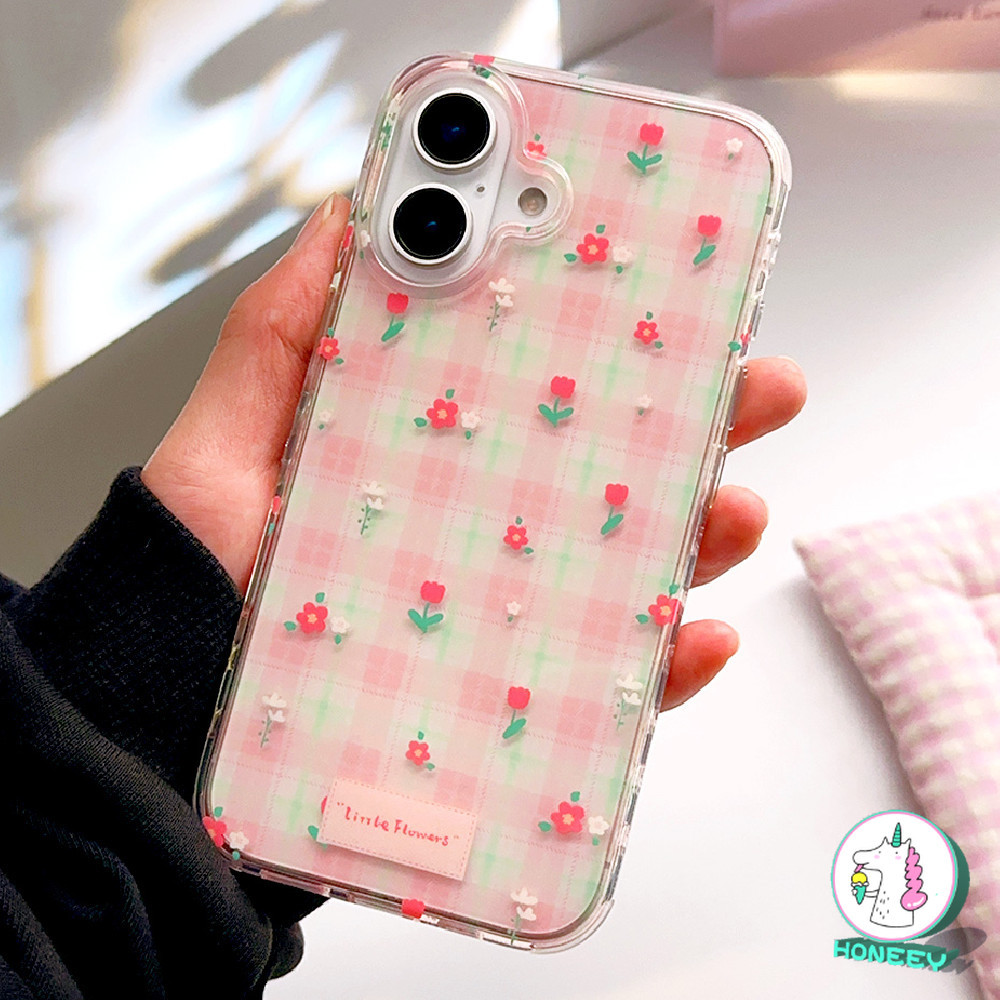 Girly Ins ลายสก๊อตสีชมพูดอกไม้ 3D กรอบหัวใจเคสโทรศัพท์ใสสําหรับ IPhone 16 15 14 13 Pro Max โปร่งใสกันกระแทก Hard ฝาหลัง