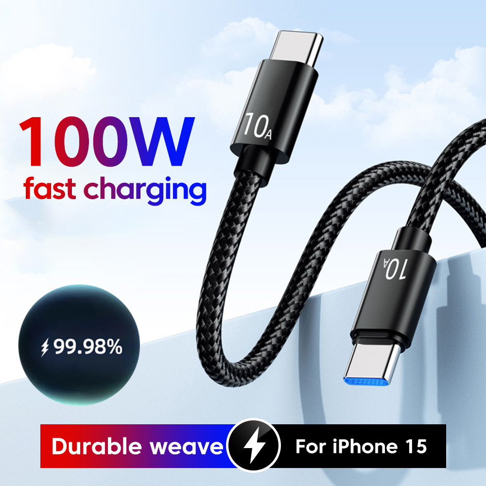 Twitch 10A 100W ประเภท C ถึง Type C Fast charge Dual Type-C ถักสายเคเบิลข้อมูลสําหรับโทรศัพท์มือถือและแล็ปท็อป 0.25M 1M 1.5M 2M สีดํา