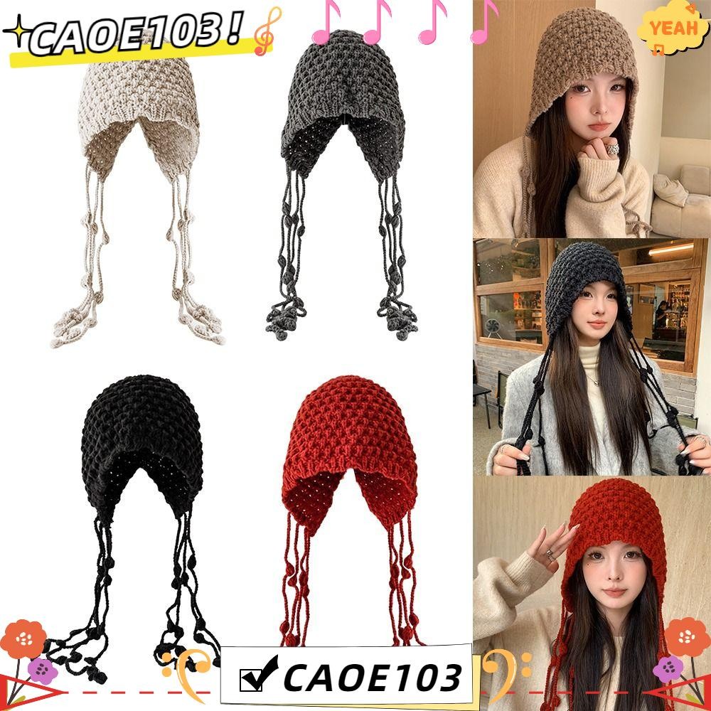 Caoe103 หมวกป้องกันหู, หมวกถักอุ่นพู่, หมวกสวมหัวกันลมขนสัตว์แฮนด์เมดน่ารักปี