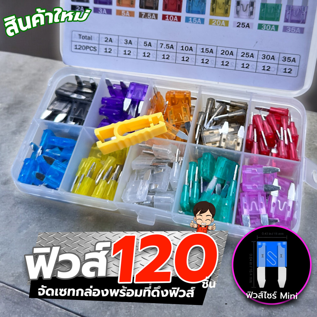 ฟิวส์ขนาดมินิ Mini Fuse  จัดเซทกล่อง 120ชิ้น พร้อมคีมดึงฟิวส์