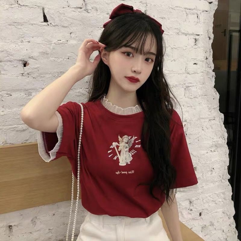 LINNA เวอร์ชั่นเกาหลี ลูกไม้ คอกลม แขนสั้น เสื้อเชิ้ต