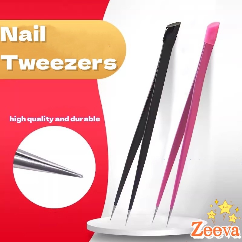 ZEEVA แหนบตรง พร้อมหัวกดซิลิโคน เลือกอัญมณี พลอยเทียม สําหรับตกแต่งเล็บ tweezers