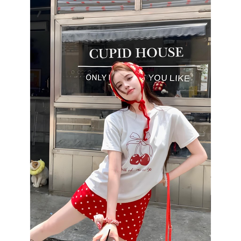【UT】เสื้อยืด Cherry&Bow เสื้อยืดเกาหลีผู้หญิง เสื้อริบบิ้นสีชมพู เชอร์รี่ เสื้อยืดผ้าคอตตอน100%ผ้าฝ้ายใส่สบายสไตล์เกาหลี