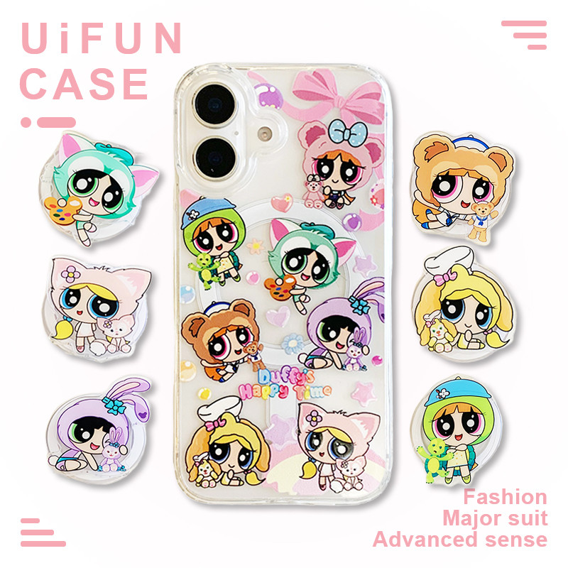 การ์ตูน ดิสนีย์ ที่ พาวเวอร์พัฟ สาวผู้ถือยืนชาร์จไร้สายโทรศัพท์มือถือกรณีเข้ากันได้สําหรับ ไอโฟน 16 15 บวก 14 13 12 มือโปร สูงสุด 11อะคริลิแม่เหล็กกันกระแทกมือถ