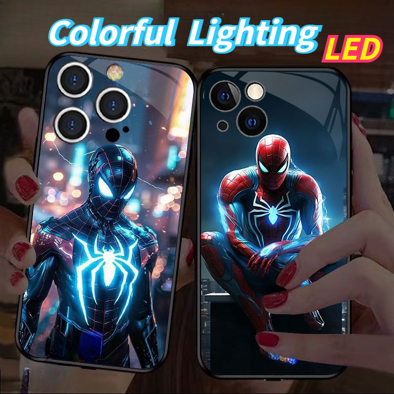 Spider-man แก้วไฟ LED เรืองแสงเคสโทรศัพท์ Protector สําหรับ iPhone 16promax 16pro 16 15 15Promax 15pro 14Promax 14pro 14 13Promax 13 13pro 12ProMax 12pro 11ProMax 11pro 12 11