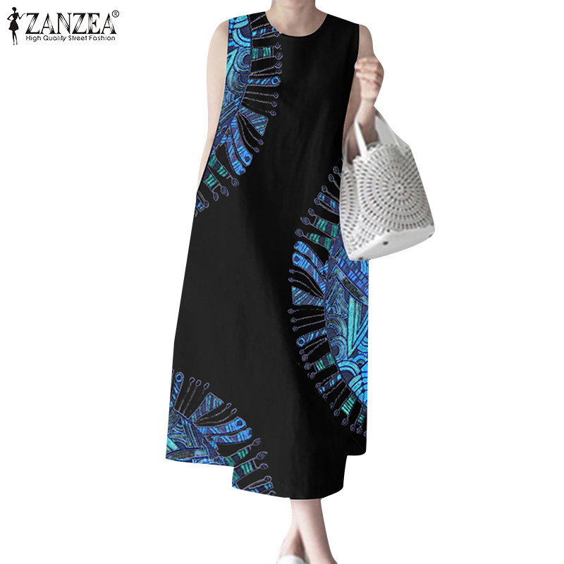 Zanzea ผู้หญิงเกาหลีคอลูกเรือแขนกุดพิมพ์กระเป๋าซิป A-Line เดรสสายเดี่ยว