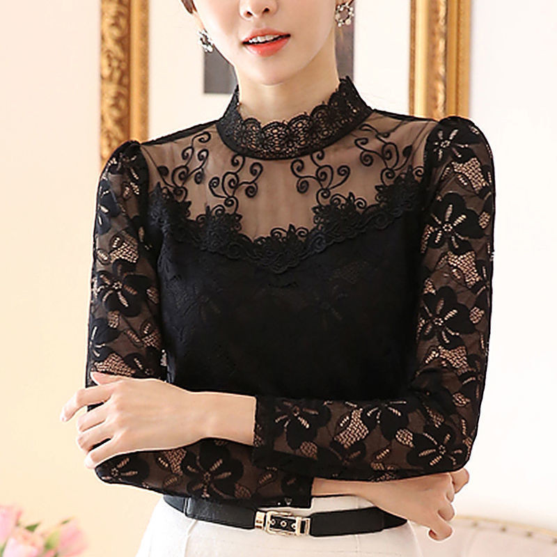 เวอร์ชั่นเกาหลีฤดูใบไม้ผลิฤดูใบไม้ร่วงขนาดใหญ่ Hollow Stand-Up Collar ตาข่ายเสื้อยืดแขนยาวแฟชั่น Classy Simple All-Match