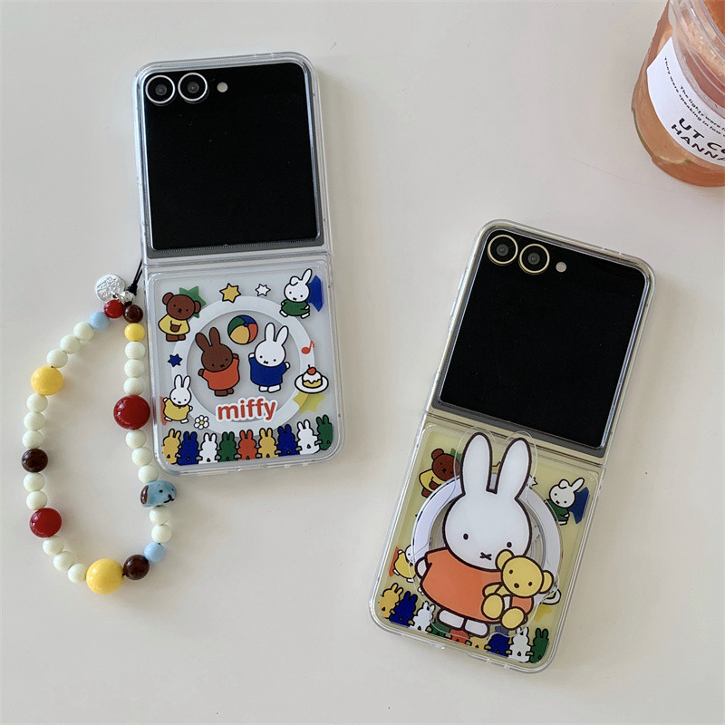 การ์ตูน Miffy วงเล็บแม่เหล็กสร้อยข้อมือเคสโทรศัพท์สําหรับ Samsung Galaxy Z Flip 5 6 Z Flip6 ZFlip 6 