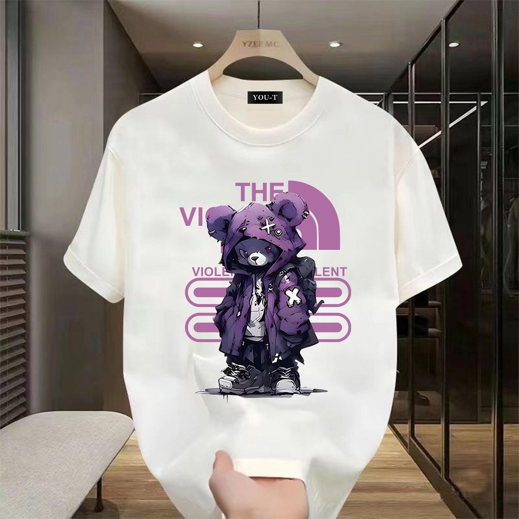 Top.basicวินเทจ สไตล์สตรีท t shirtผ้าคุณภาพสูง เรียบง่ายและมีสไตล์"VIOLELENT BEAR" วินเทจ โอเวอร์ไซส์ เสื้อยืดหนา