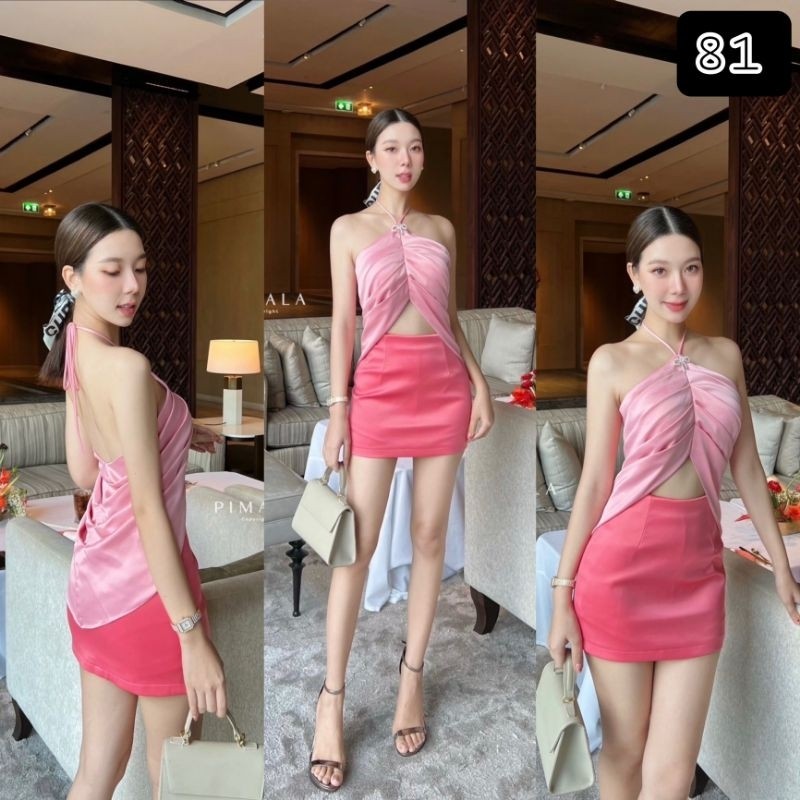 (xs-l) (พร้อมส่ง) Pimala81 เซ็ทเสื้องานหรูสวยมากกค้ามีเข็มกลัดโบว์เพชรเล็กๆสายผูกโบว์เปิดหลังเบาๆโชว