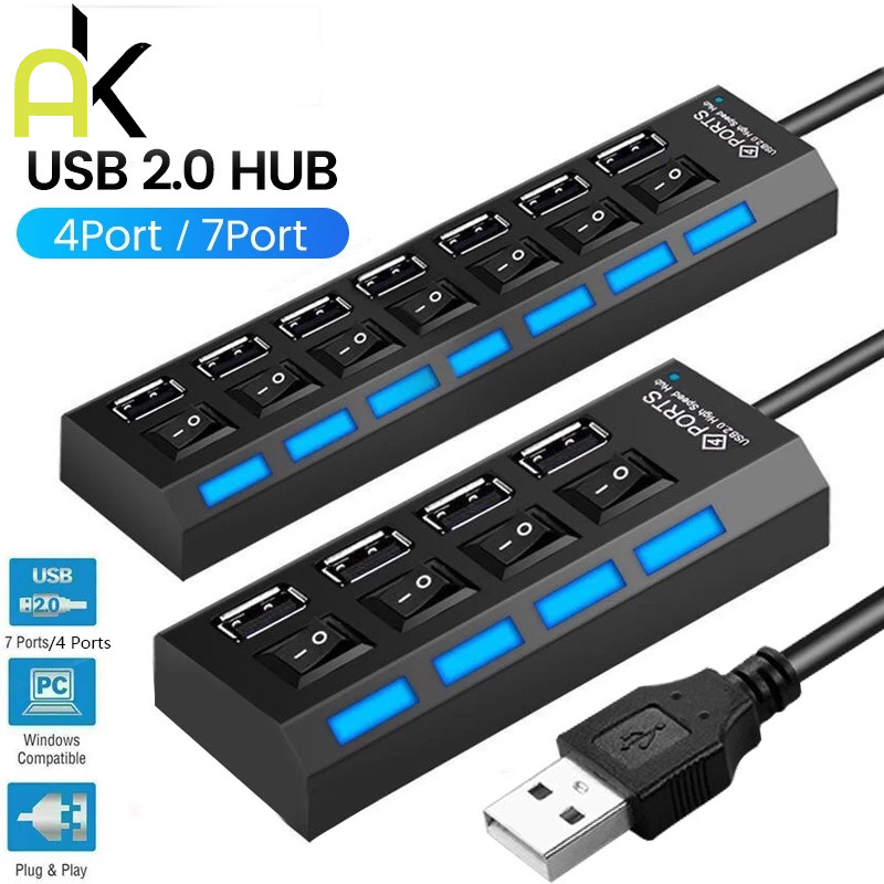 AK ตัวเพิ่มช่องUSB 2.0 HUB Combo Splitter 4 / 7 Port USB Switch High Speed ON / OFF Mini 2 In 1 ตัวอ่านข้อมูล