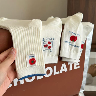 ในไทย💖ถุงเท้าแฟชั่นมะเขือเทศลายการ์ตูนน่ารักสไตล์ญี่ปุ่นบางระบายอากาศได้ดีความยืดหยุ่นสูงผู้ชายและผู้หญิงCOD