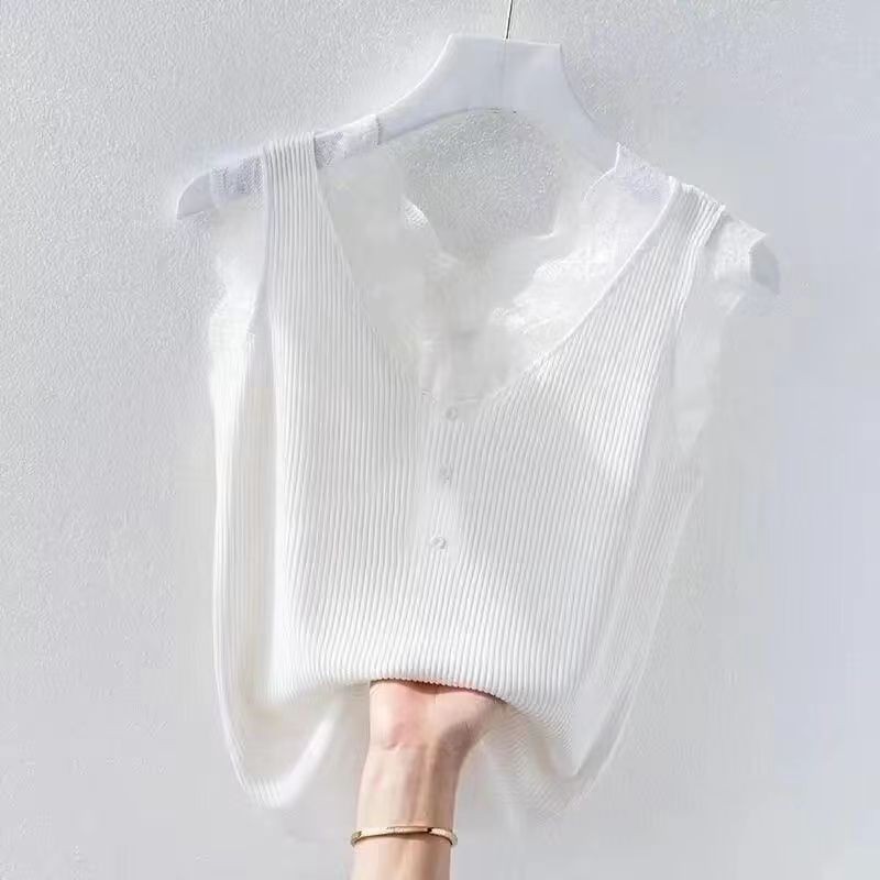 เสื้อชั้นในสตรี ลูกไม้สีขาวปุ่มตกแต่งเสื้อแขนกุดลําลองฤดูร้อน