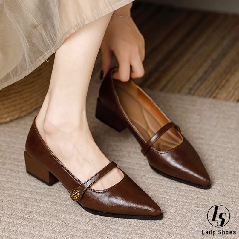 [LS] รองเท้าส้นสูงสไตล์ฝรั่งเศสแบบปิดหน้า สไตล์ Mary Jane หรูหราสำหรับใส่ไปทำงานของผู้หญิง 2 นิ้ว สำหรับผู้หญิง