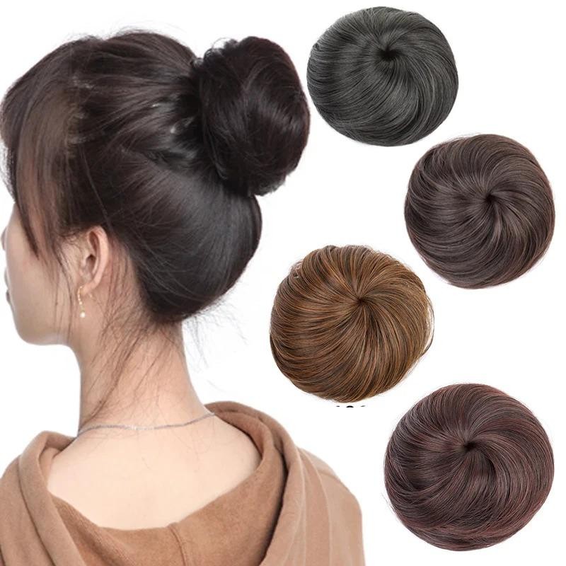 มวยผมสั้นตรงสังเคราะห์ ชญอง คลิปในต่อผมสีดําสีน้ําตาล แฮร์พีซ สําหรับผู้หญิง ผู้ชาย