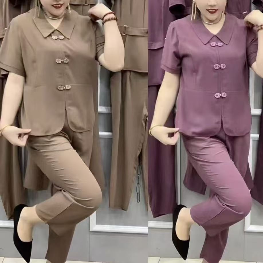 ฤดูใบไม้ผลิฤดูร้อนสไตล์ใหม่ชุดลําลองผู้หญิงหัวเข็มขัดสแควร์คอเย็บด้านบนเอวยางยืดกางเกงขากว้าง Classy Age-Reduction ชุดสองชิ้น