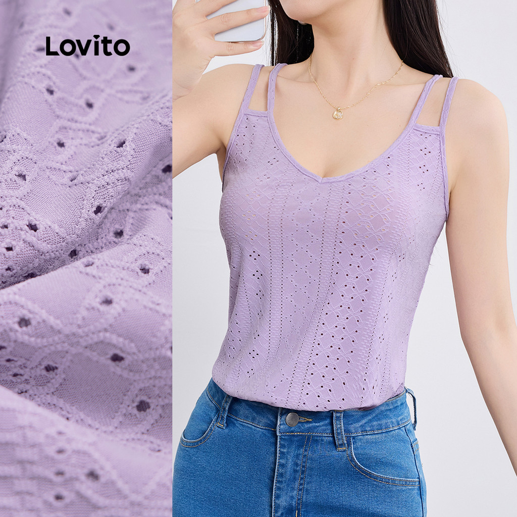 Lovito เสื้อกล้าม ผ้าแจ็คการ์ด ไหล่เย็นธรรมดาแบบลําลองสําหรับผู้หญิง L129ED657