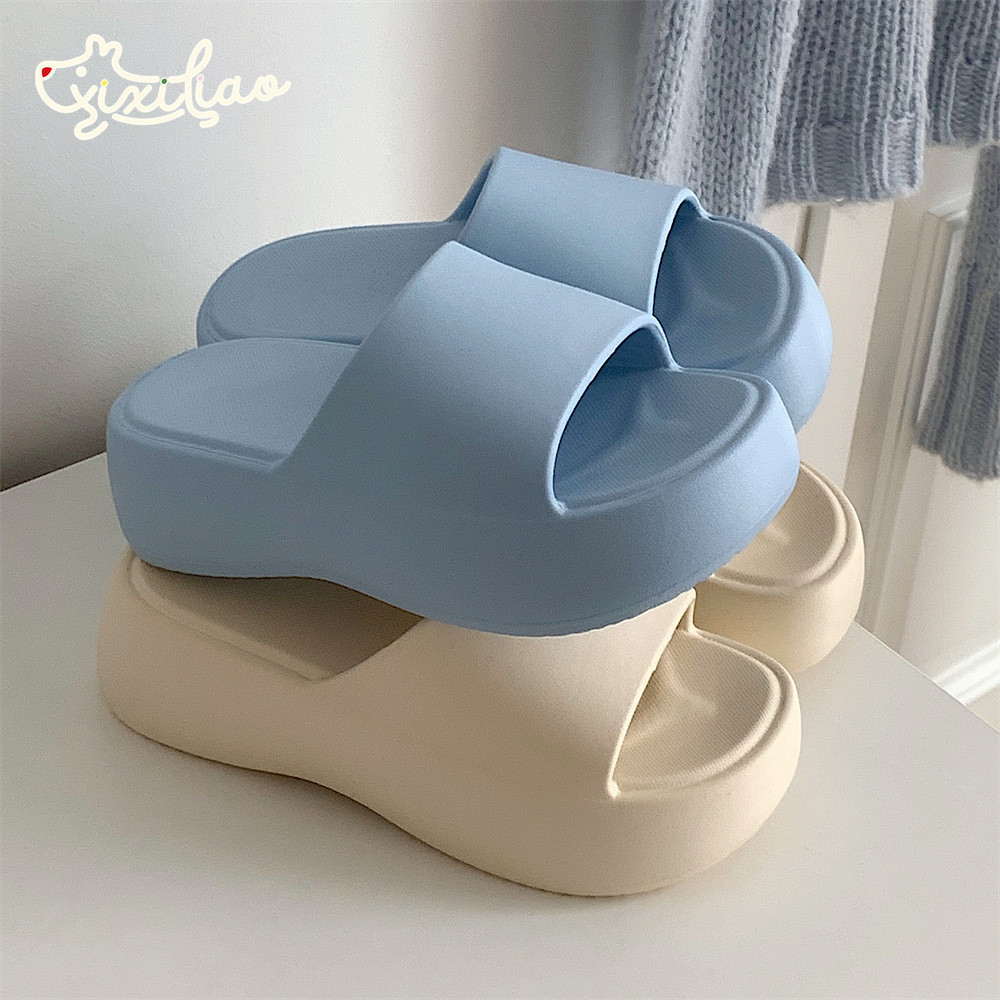 XIXITIAO รองเท้าแตะพักผ่อนกลางแจ้งเพิ่มความสูงนุ่มหนา Soled สีทึบหญิงริมทะเลวันหยุดชายหาด