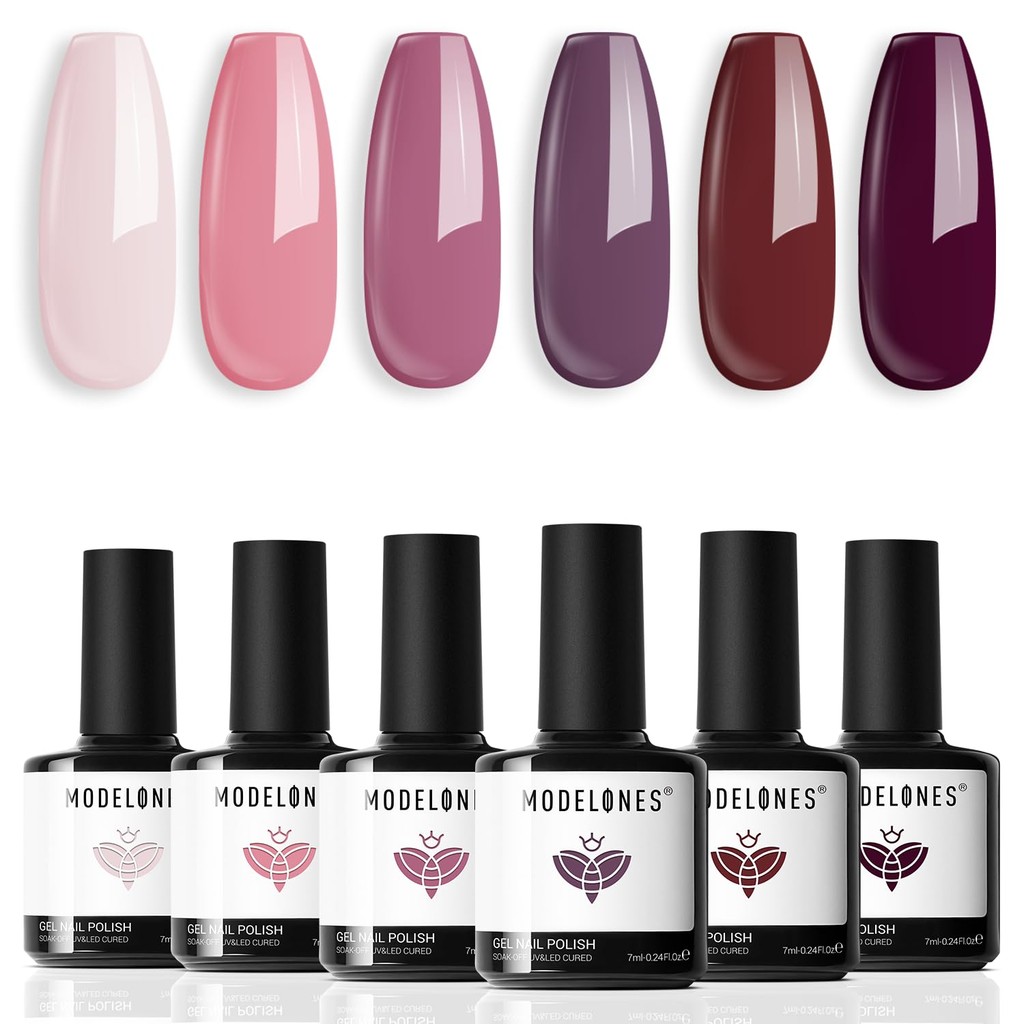 Modelones เจลยาทาเล็บ 6 สี – ชมพู น้ำตาล เบอร์กันดี แดง ชุดพีช สีชมพู เนื้อเนียน ติดทน