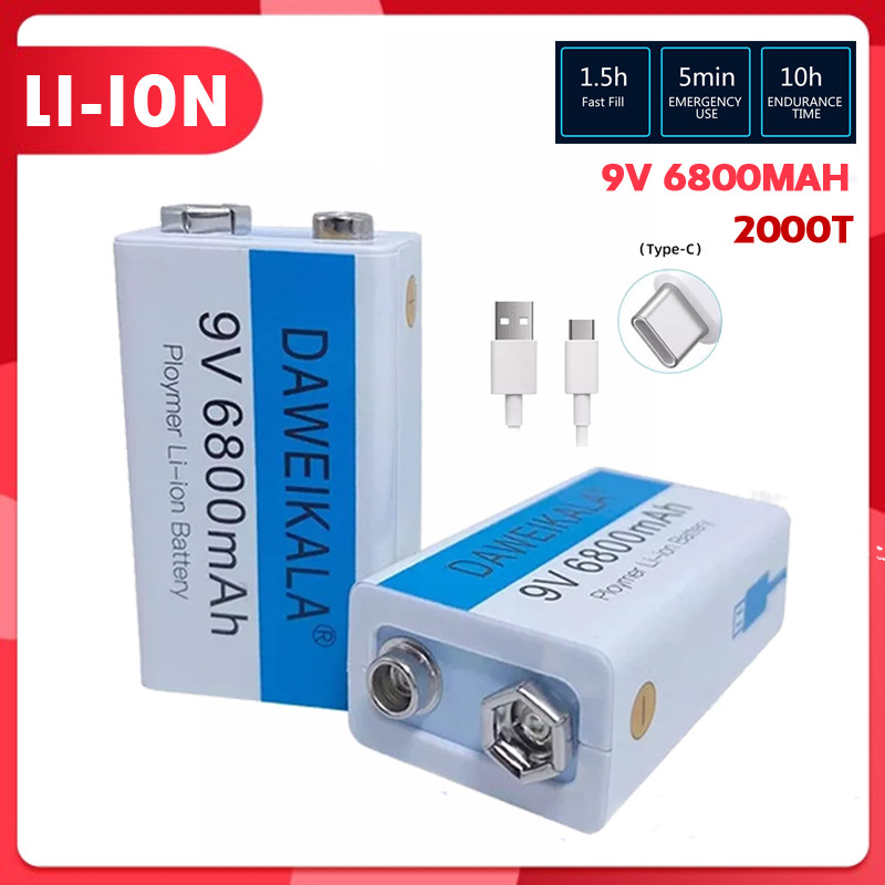 [โปรโมชัน] ถ่านลิเธียม 9V 6800mAh แบตเตอรี่ชาร์จได้ 1PCS แถมสายUSBฟรี! ชาร์จซ้ำ1500ครั้ง รับประกัน1ปี