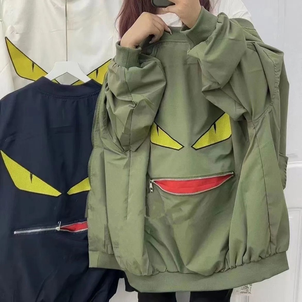 ใหม่ Little Monster Eye Zipper หลวมชุดเบสบอล Bomber Jacket Jacket สไตล์ Unisex