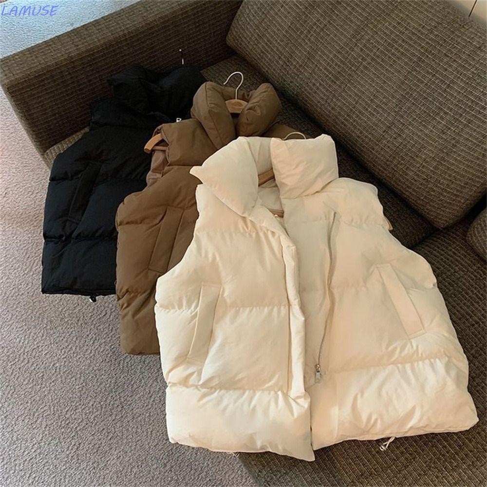 LAMUSE เสื้อกั๊กฤดูหนาว,หนา Warm Windproof เสื้อกั๊กผ้าฝ้าย,Y2Kเสื้อกั๊กยืนปกสั้นสบายๆเสื้อกั๊กอุ่นผู้หญิงสุภาพสตรี