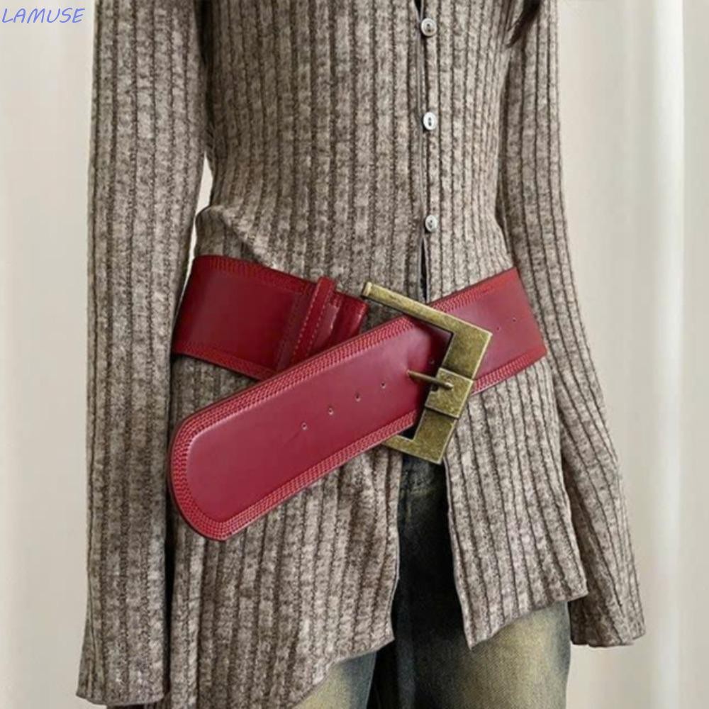 LAMUSE Retro เข็มขัดเอวกว้าง, Y2K Pin Buckle Metal Buckle เข็มขัดกว้าง, กระโปรงลําลองอุปกรณ์เสริมกาแฟ/สีแดงสไตล์อเมริกัน PU หนังเอว Outwear