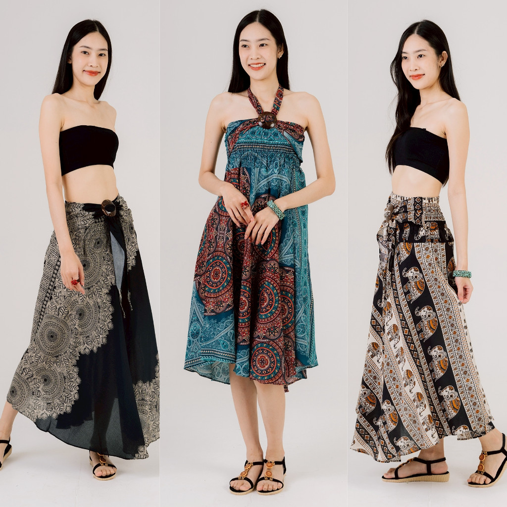 กระโปรงกะลา หรือเดรส Maxi Skirt สไตล์โบฮีเมียน ใส่ได้2แบบ ผ้าเรยอน ชุดเดรสใส่เที่ยว
