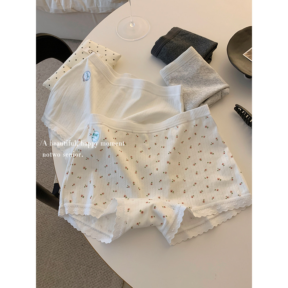 สีชมพูดอกไม้ขอบหยักหวานผ้าฝ้ายแท้นักมวยระบายอากาศขนาดใหญ่เลกกิ้งเอวกลางผู้หญิง