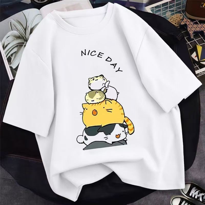 พิมพ์ลายลูกแมวญี่ปุ่นน่ารักอินเทรนด์แขนสั้นเสื้อยืดผ้าฝ้ายแท้พิมพ์ลายแฟชั่นแขนสั้น เสื้อผ้า