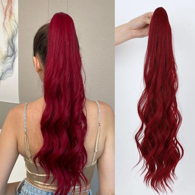 50 ซม.คลื่นข้าวโพด Pony Tail สังเคราะห์ Burgundy ผมยาว Curly Jaw หางม้าผม Extainson สําหรับผู้หญิงสาว